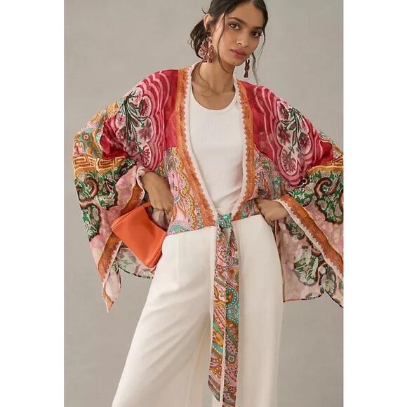 By Anthropologie Tie Front Multicolor Floral Printed Shine Boho Kimono One Size - Picture 11 of 11